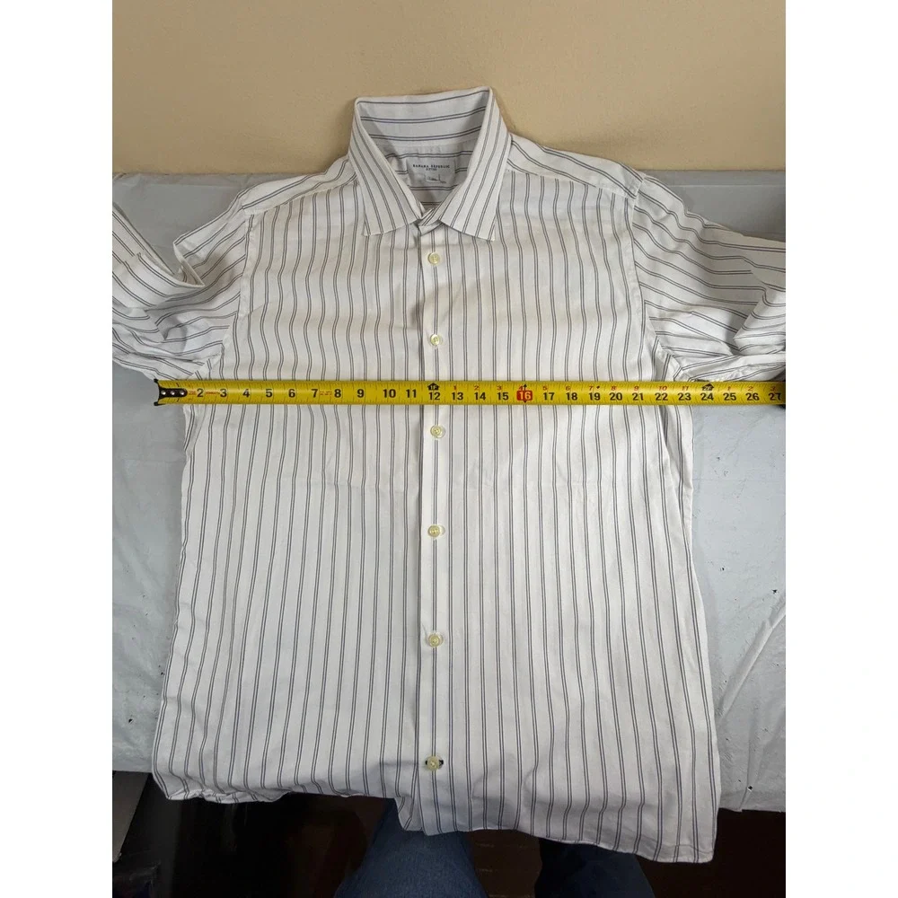 Banana Republic Mens Fitted Striped Dress Shirt White Blue Brown 100% Cotton L